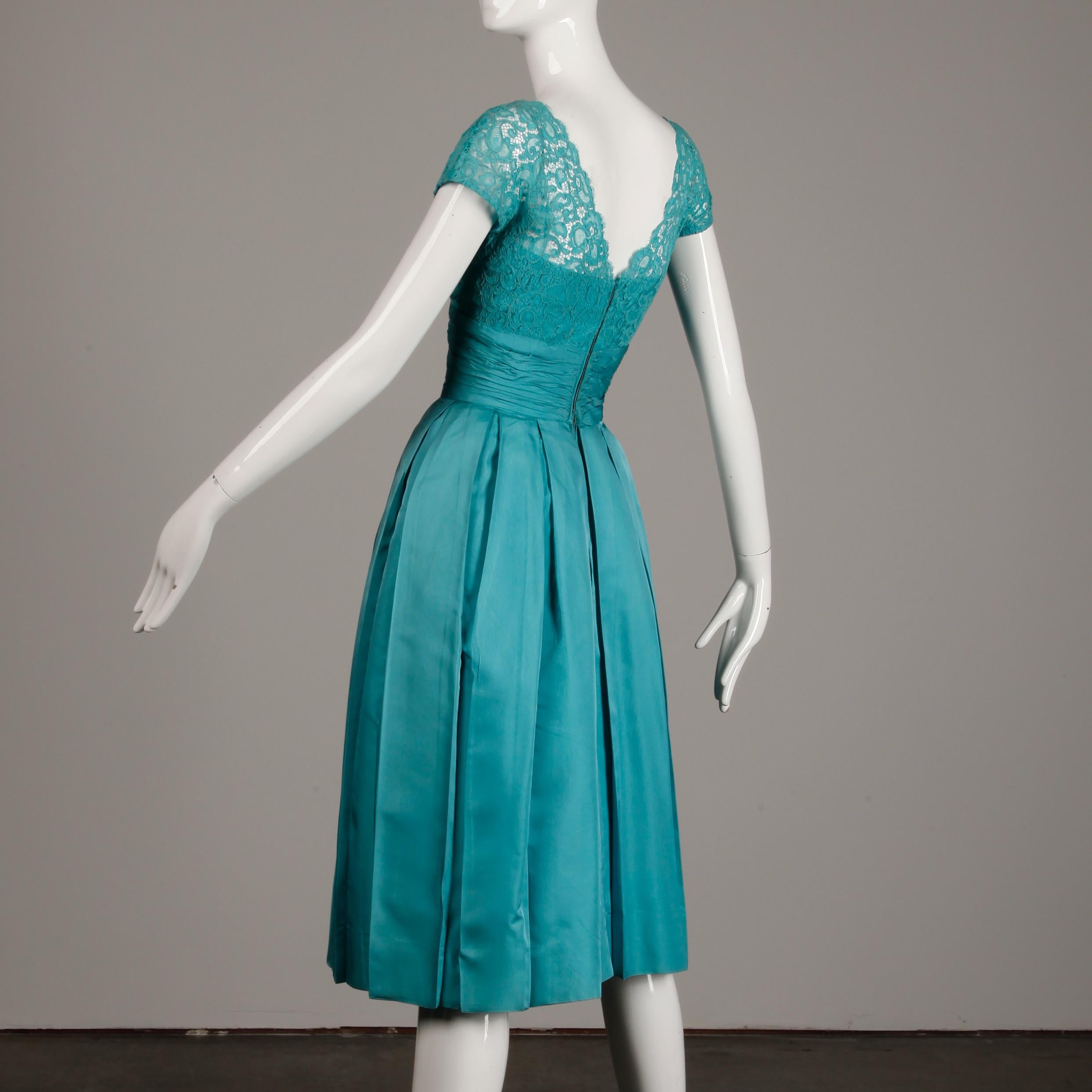 1950s- 1960s Dorothy Litzan for Roban Vintage Blue Silk + Lace Cocktail Dress For Sale 2