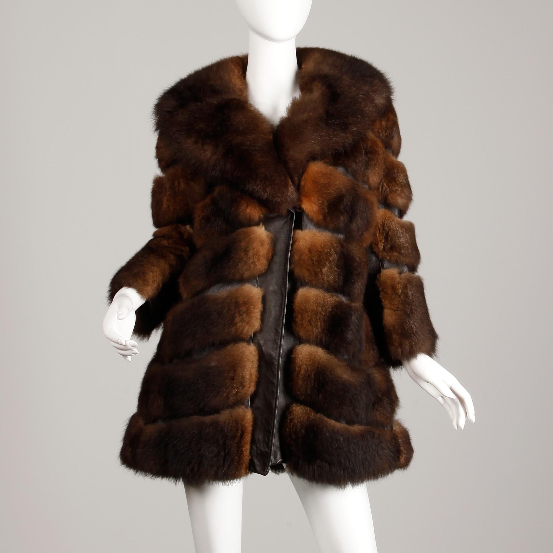 1970s Brown Soft Opossum Fur + Leather Vintage Chevron Coat or Jacket 4