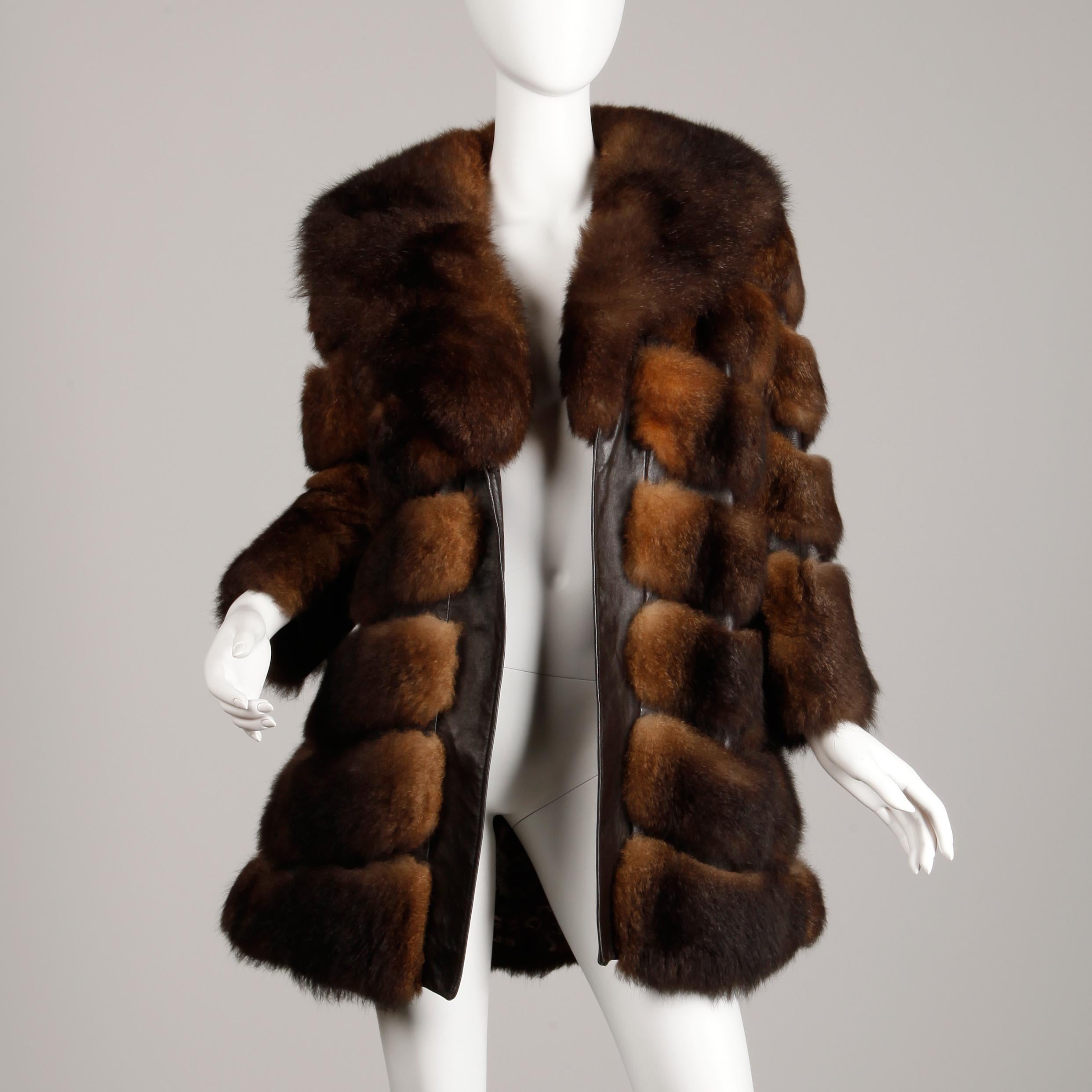 1970s Brown Soft Opossum Fur + Leather Vintage Chevron Coat or Jacket 1