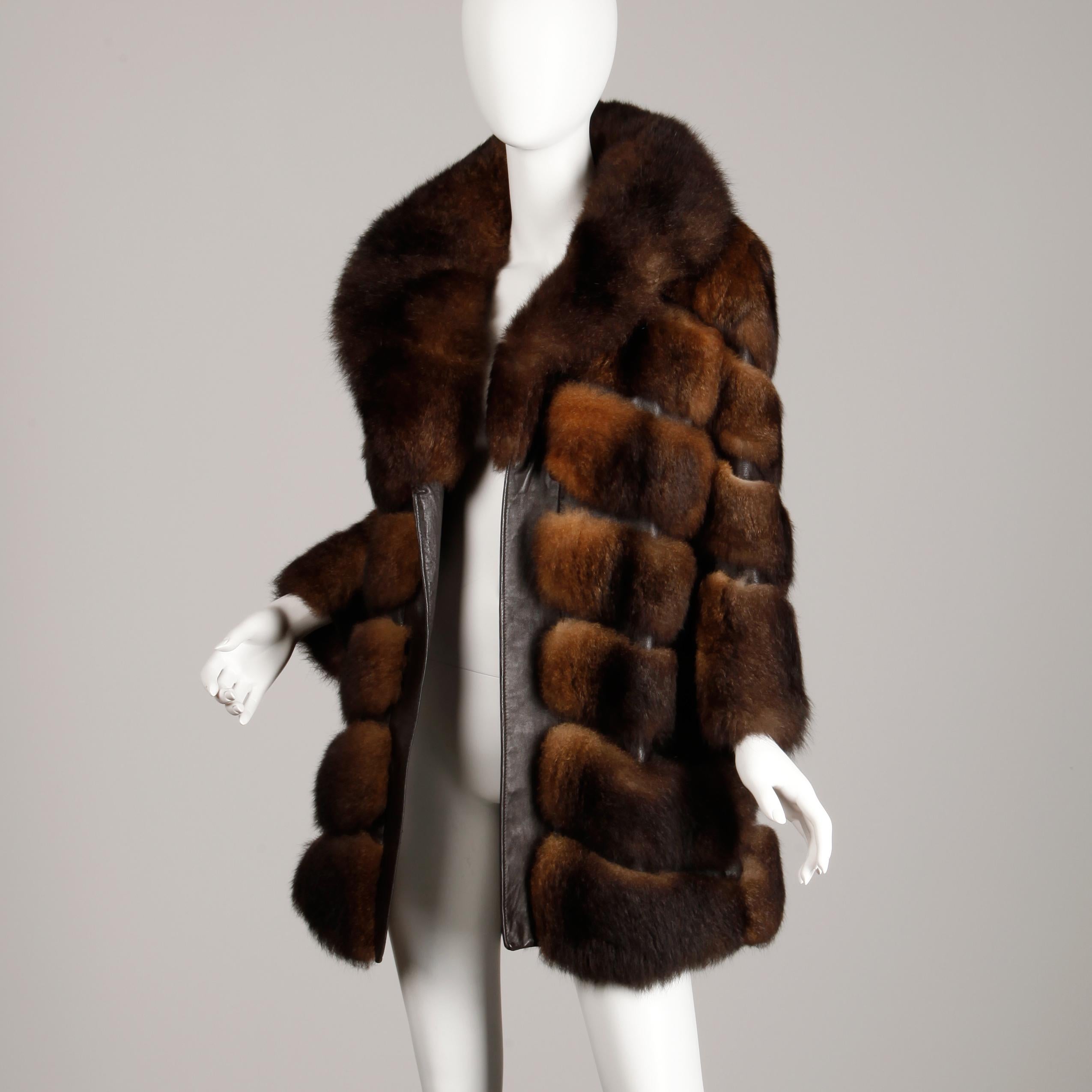 1970s Brown Soft Opossum Fur + Leather Vintage Chevron Coat or Jacket 3