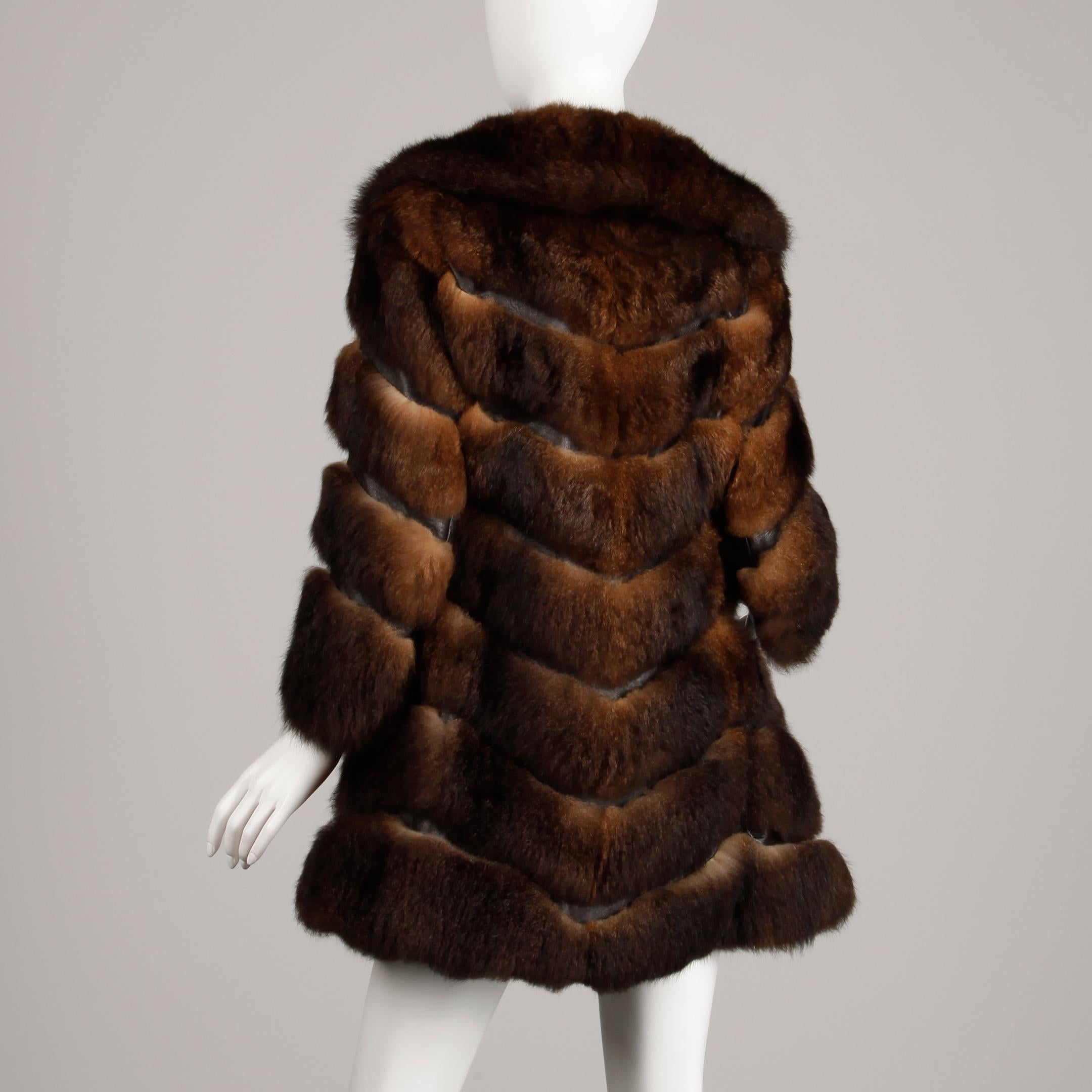 1970s Brown Soft Opossum Fur + Leather Vintage Chevron Coat or Jacket In Excellent Condition In Sparks, NV