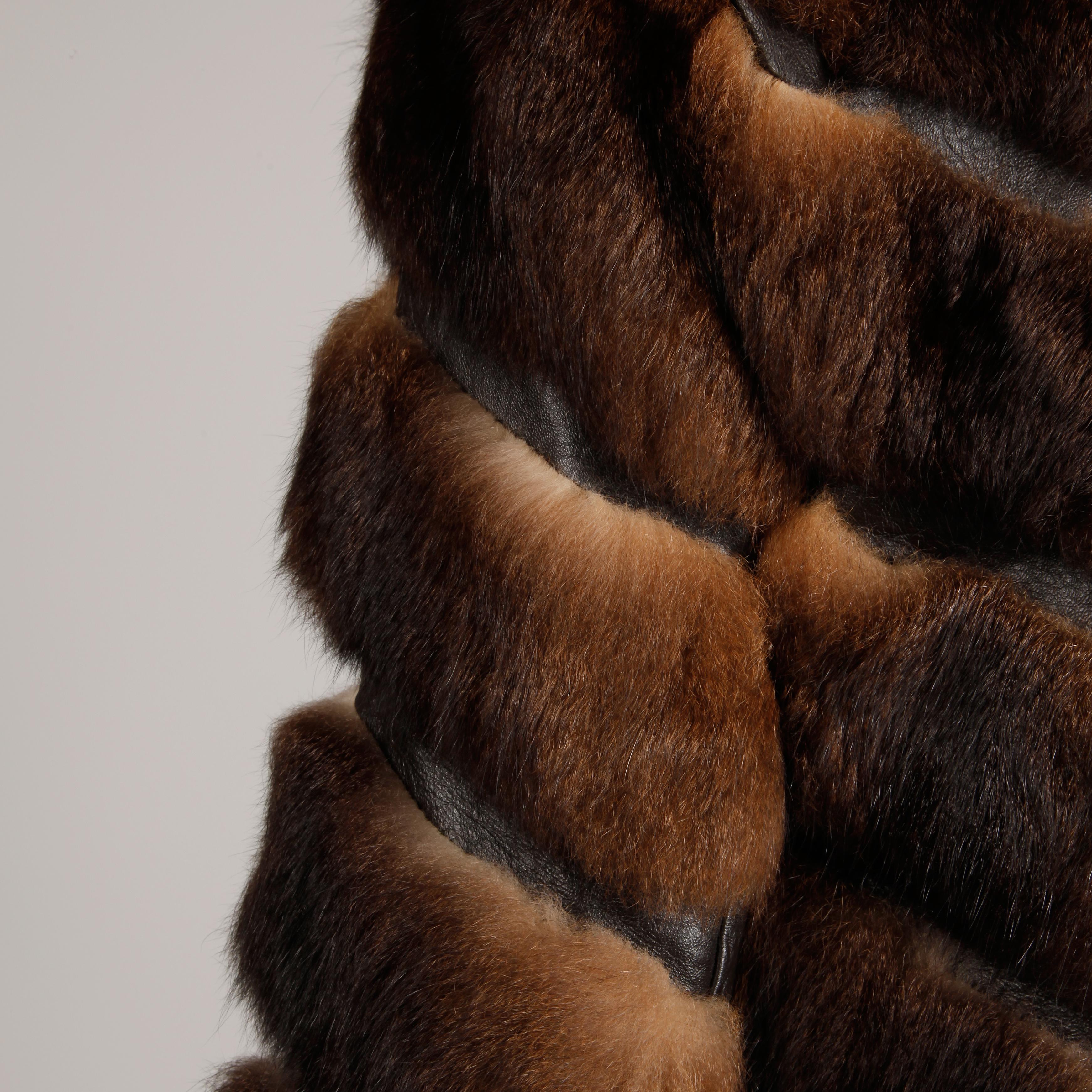 Women's 1970s Brown Soft Opossum Fur + Leather Vintage Chevron Coat or Jacket
