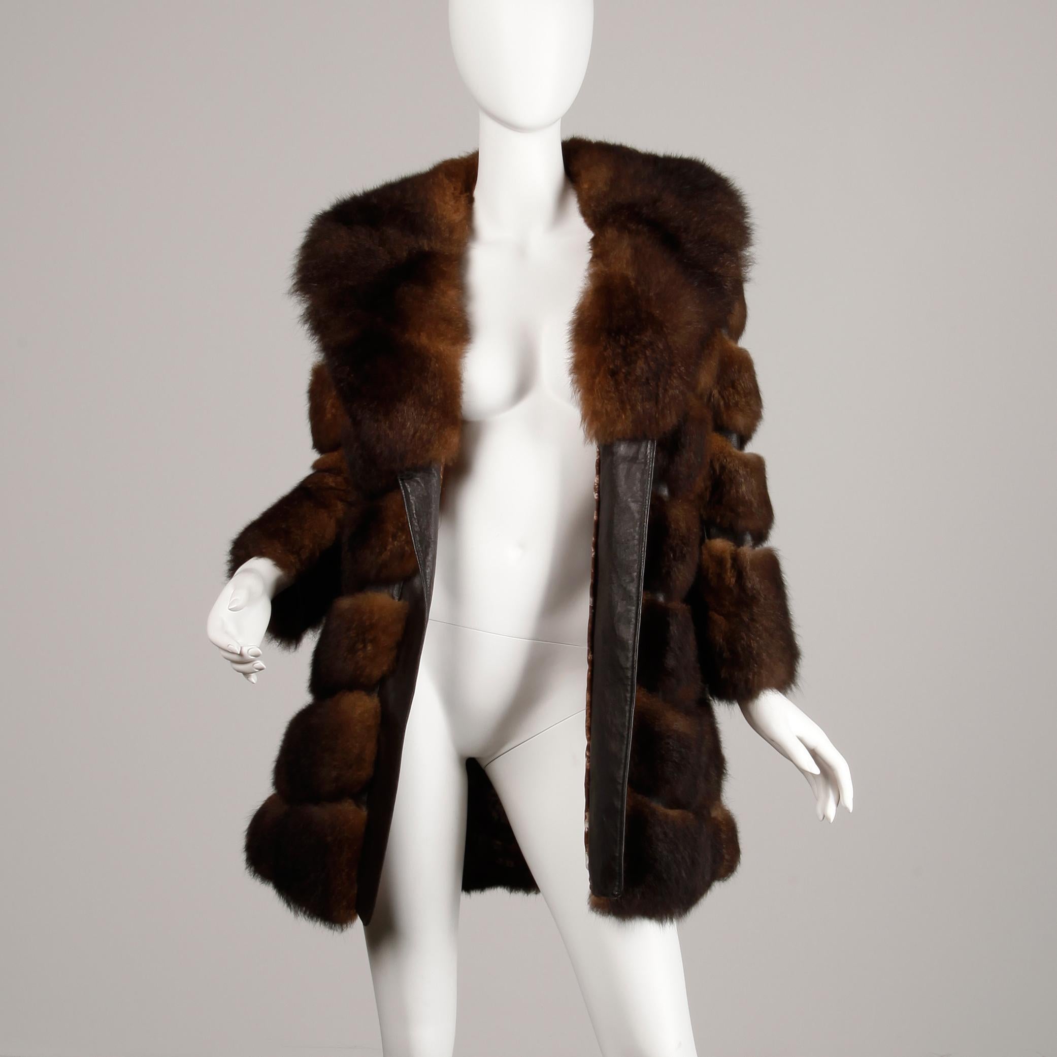 1970s Brown Soft Opossum Fur + Leather Vintage Chevron Coat or Jacket 5