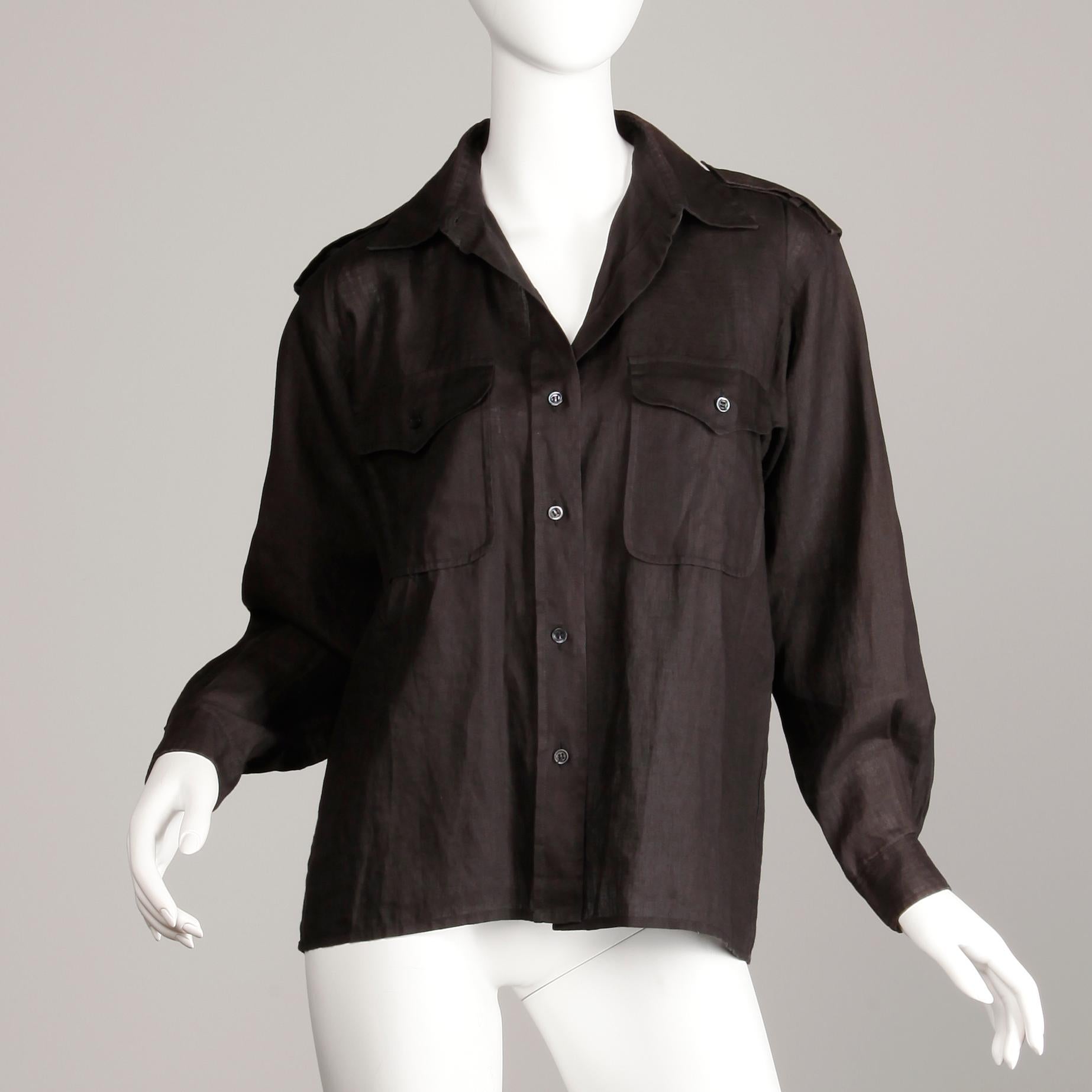 1970s Yves Saint Laurent Vintage Black Linen Safari Button Up Blouse/ Top/ Shirt 1