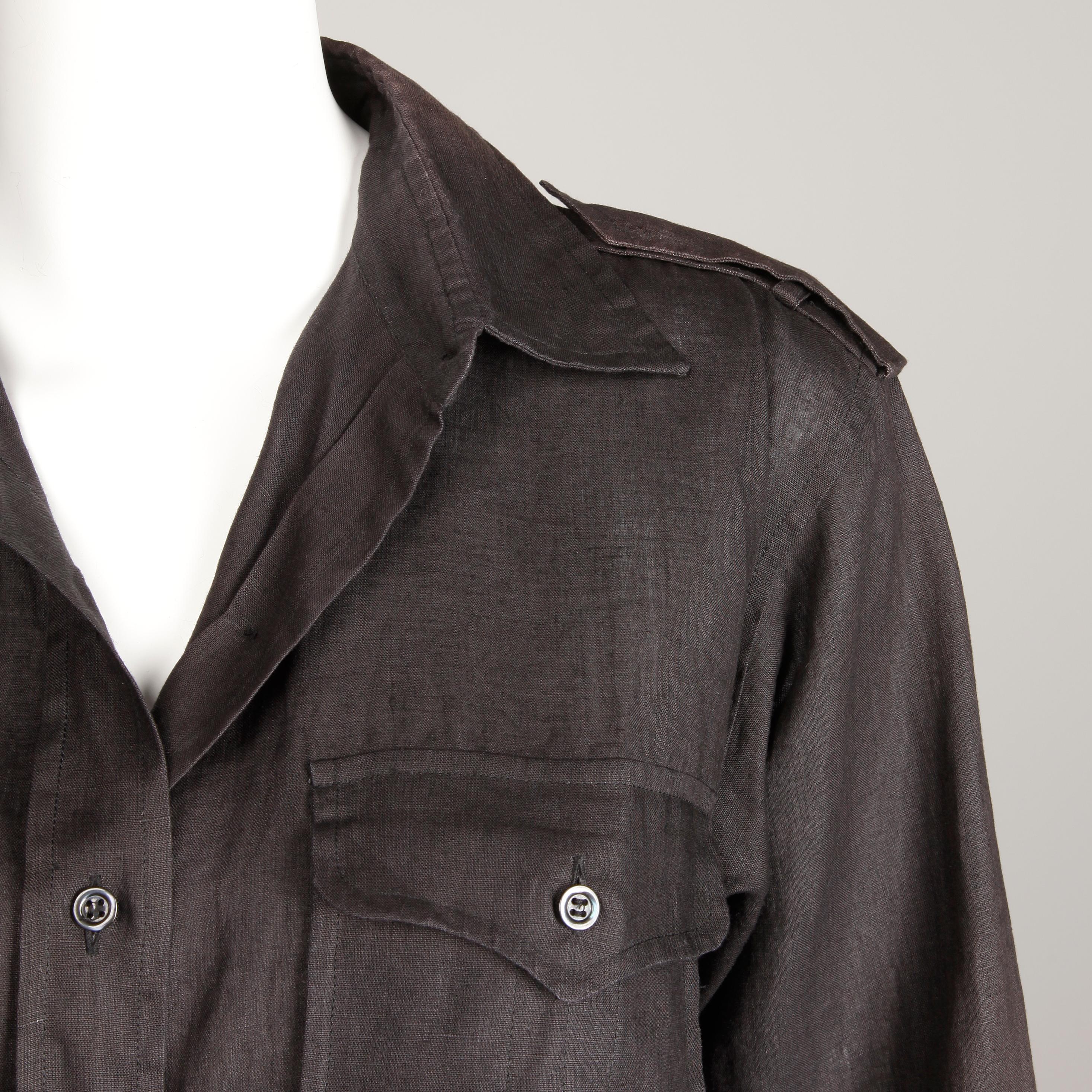 Women's or Men's 1970s Yves Saint Laurent Vintage Black Linen Safari Button Up Blouse/ Top/ Shirt