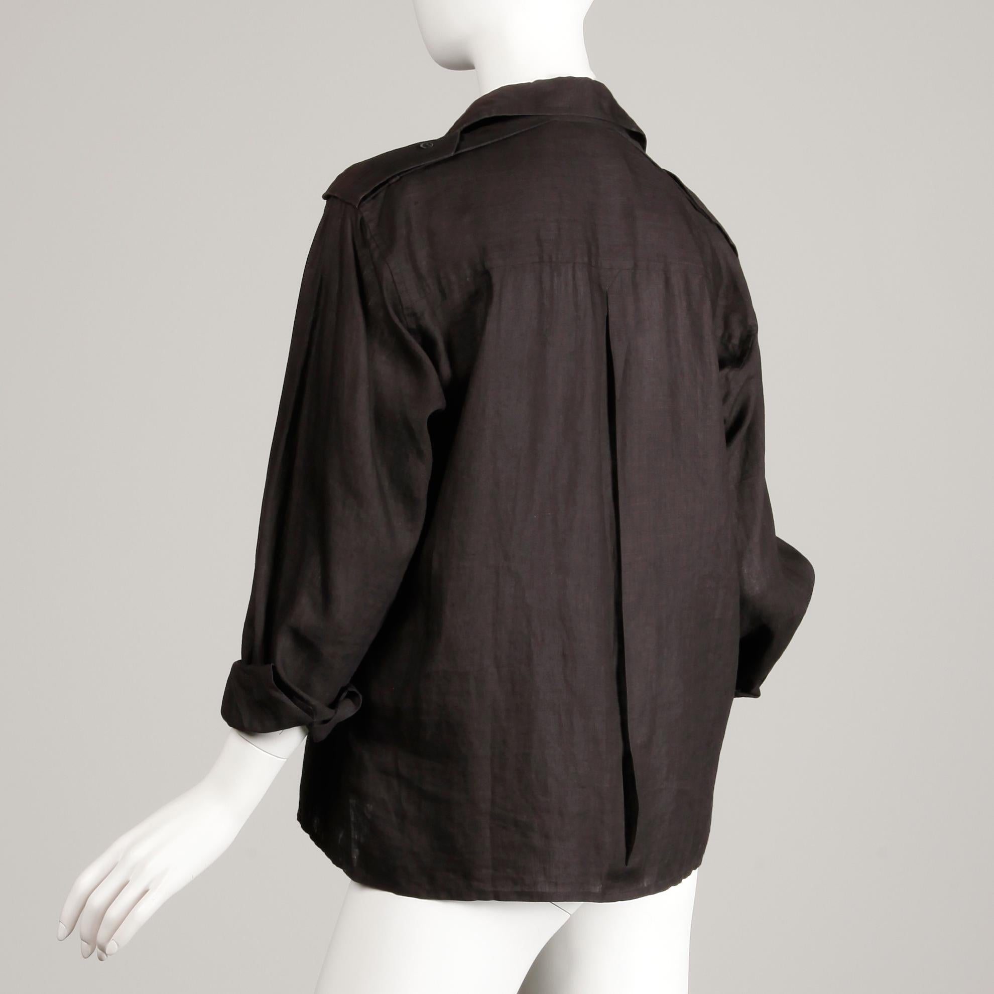 1970s Yves Saint Laurent Vintage Black Linen Safari Button Up Blouse/ Top/ Shirt 2