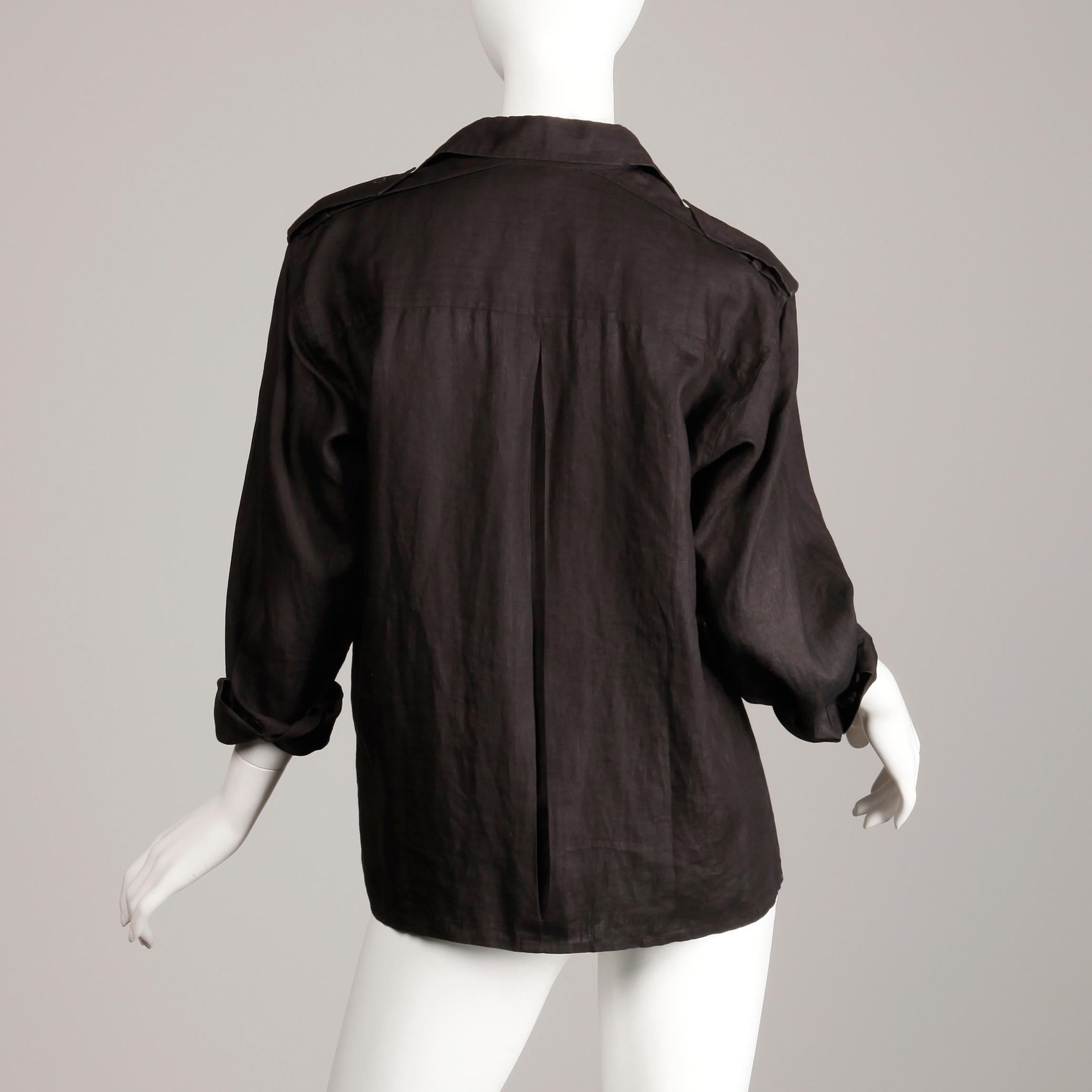 1970s Yves Saint Laurent Vintage Black Linen Safari Button Up Blouse/ Top/ Shirt 3