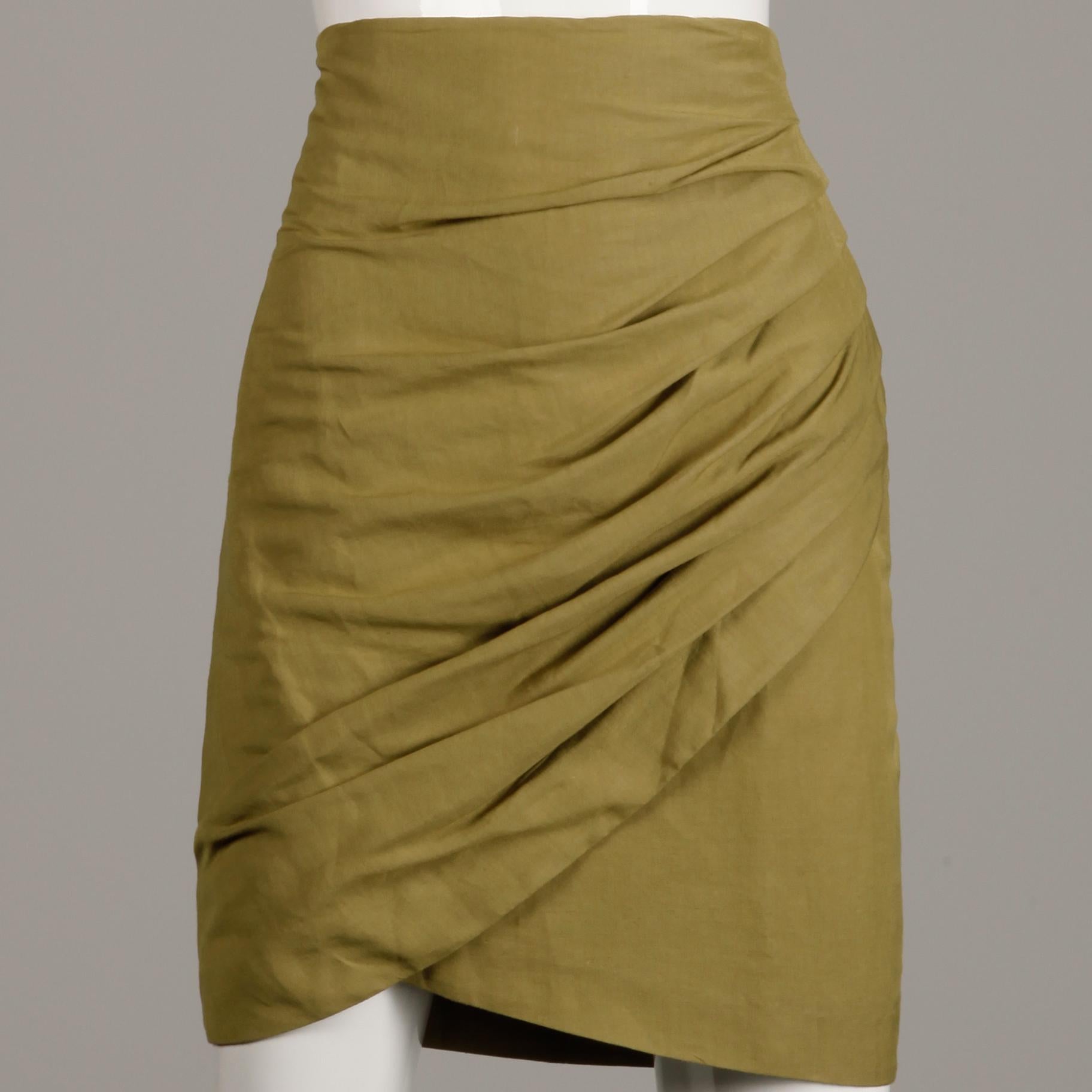 Brown 1990s Byblos Vintage Olive Green Asymmetric Ruched Stretch Linen Pencil Skirt For Sale