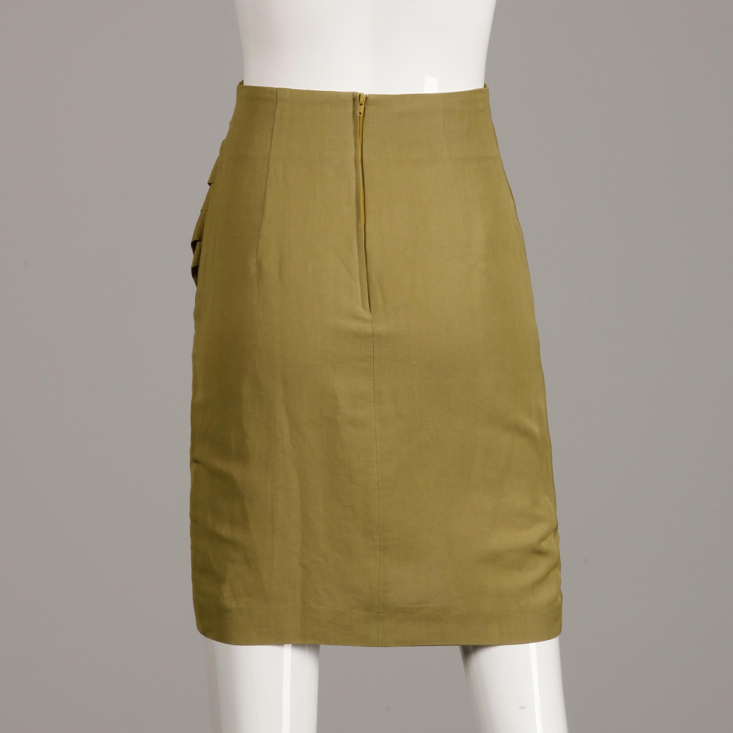 1990s Byblos Vintage Olive Green Asymmetric Ruched Stretch Linen Pencil Skirt In Excellent Condition For Sale In Sparks, NV