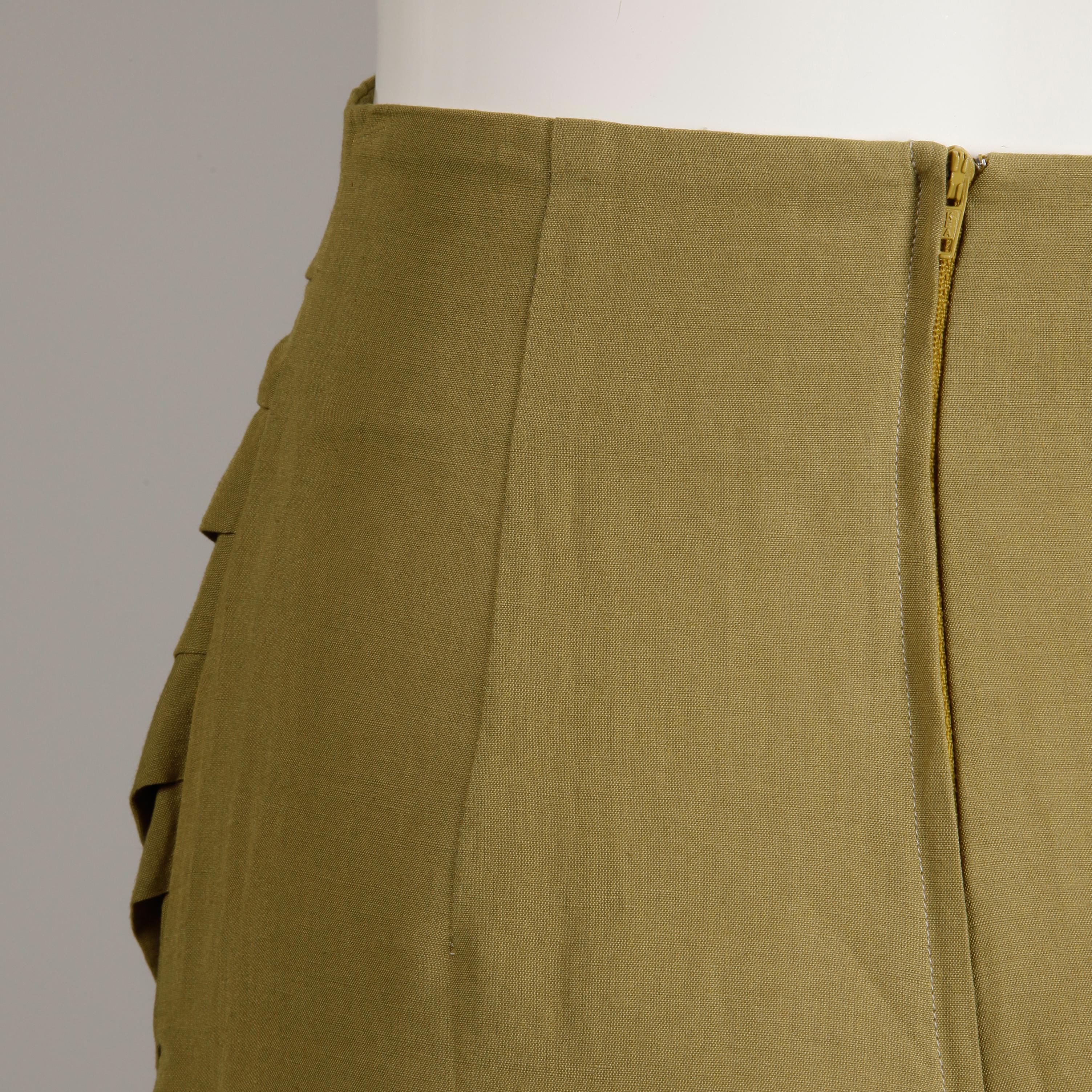 Women's 1990s Byblos Vintage Olive Green Asymmetric Ruched Stretch Linen Pencil Skirt For Sale