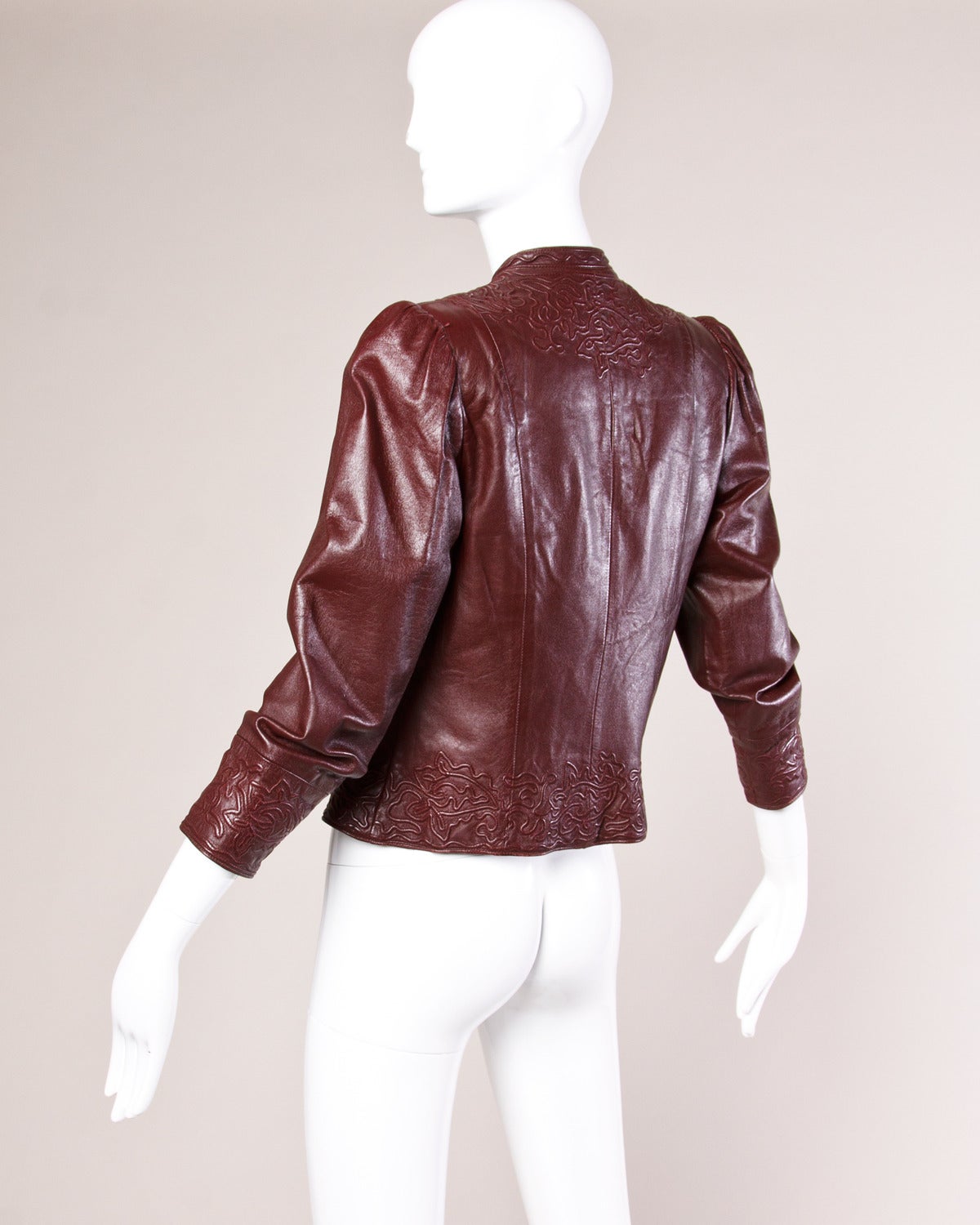Women's Oscar de la Renta Numbered Vintage Embossed Burgundy Leather Jacket