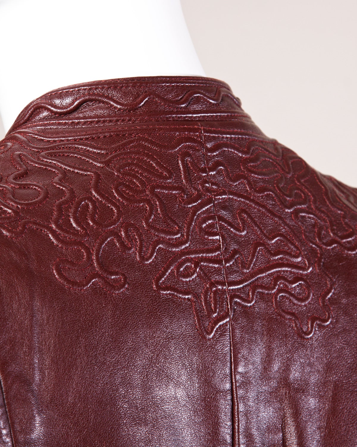 Oscar de la Renta Numbered Vintage Embossed Burgundy Leather Jacket 1