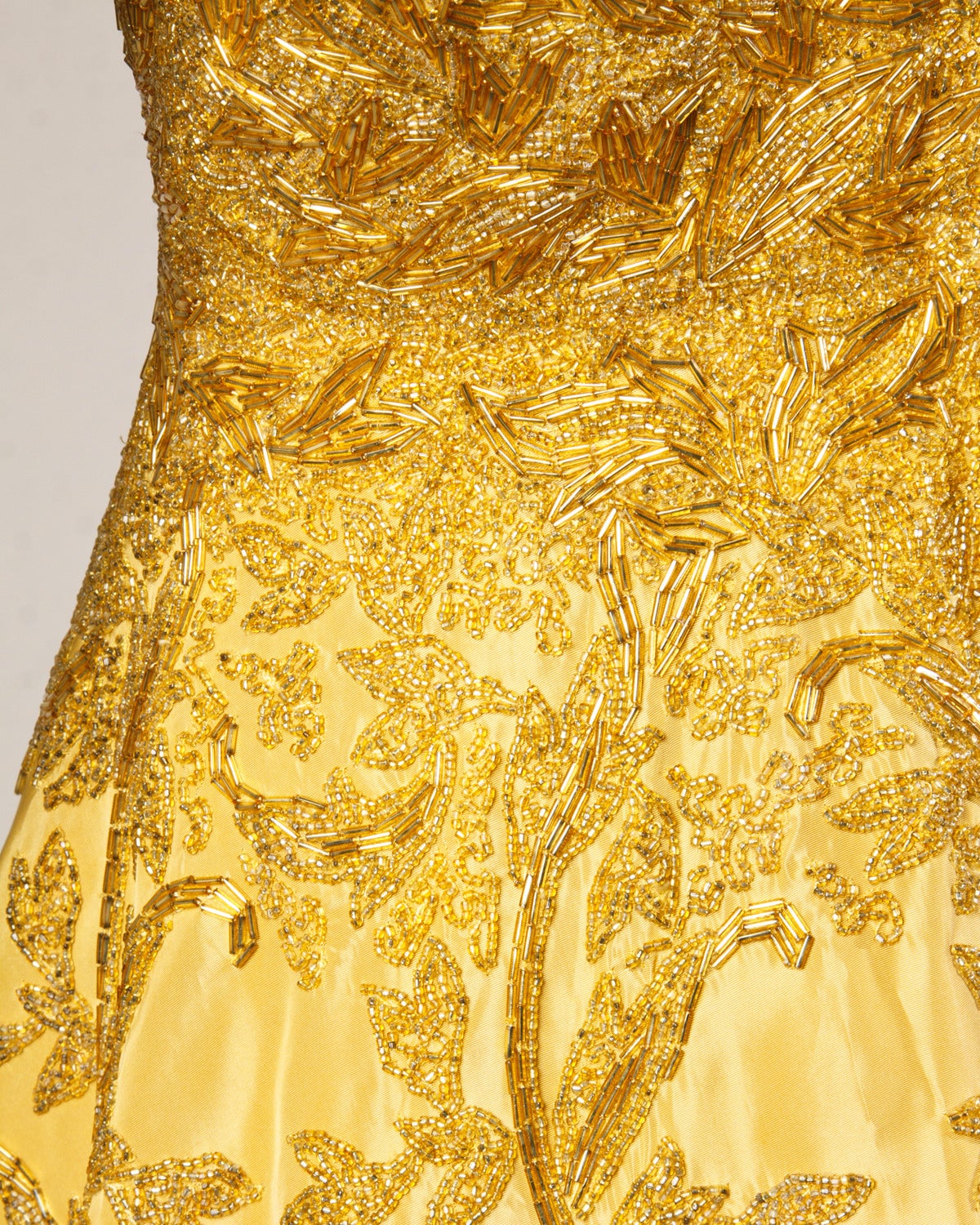 Vintage 1950s 50s Gold Yellow Hand-Beaded Couture Silk Cocktail Dress 1