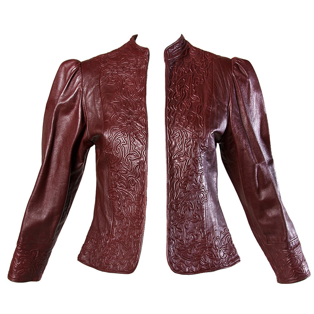 Oscar de la Renta Numbered Vintage Embossed Burgundy Leather Jacket