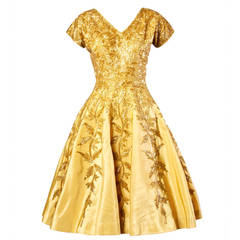 Vintage 1950s 50s Gold Yellow Hand-Beaded Couture Silk Cocktail Dress