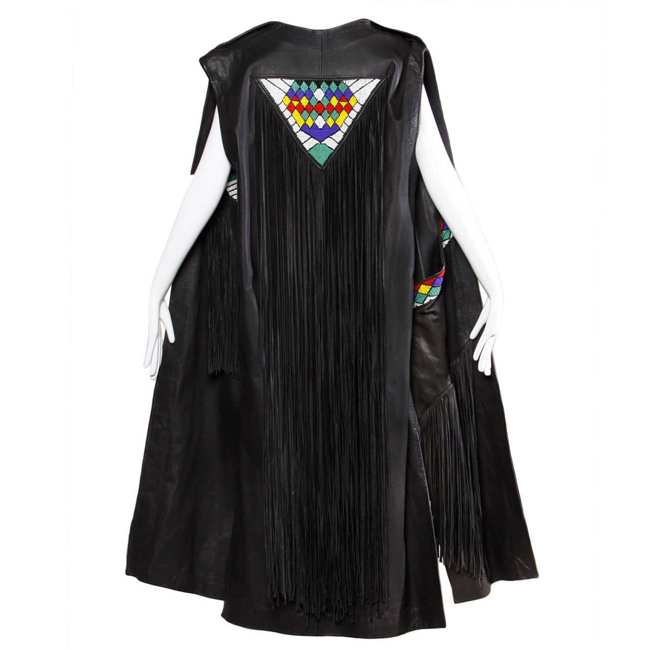 Vintage 1970s 70s Hand-Beaded Leather Statement Vest with Long Fringe
