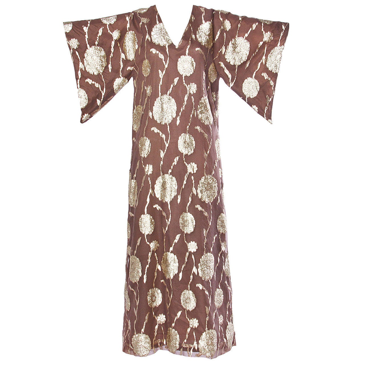 Vintage 1970s Metallic Organza Silk Caftan Maxi Dress with Kimono Sleeves