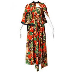 Donald Brooks Vintage 1970s Asian-Inspired Silk Print Gown + Cape Ensemble 1