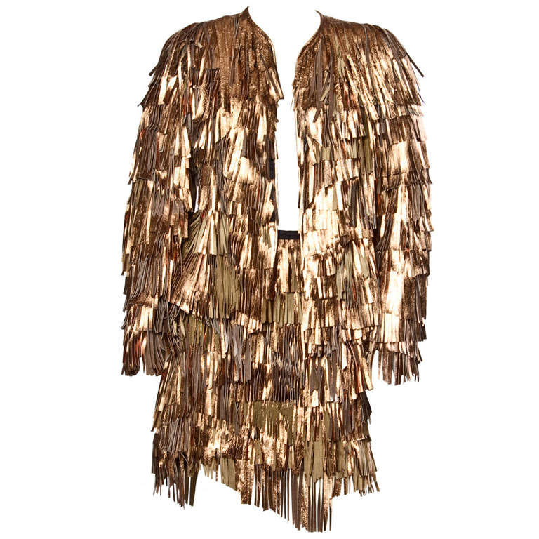 Vintage 1980s 80s Metallic Rose Gold Leather Fringe 2-Piece Jacket + Skirt Set