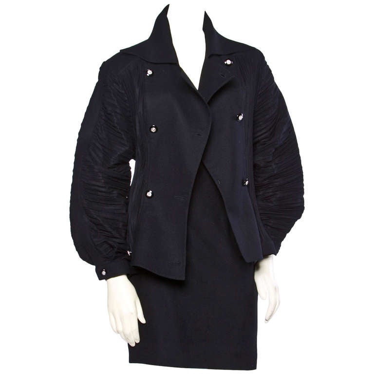 Bernard Perris Vintage 1990s 90s Black Wool Avant Garde Jacket Skirt 2-Pc Set