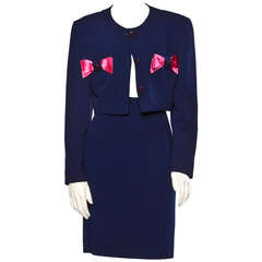 Valentino Vintage Navy Blue + Pink Cropped Jacket & Skirt Suit 2-Piece Set