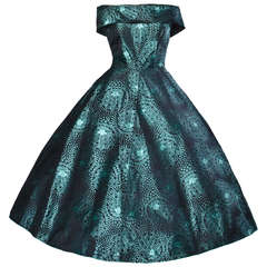 Vintage 1950s 50s Blue + Black Silk Full Sweep Cocktail Formal Party Dress