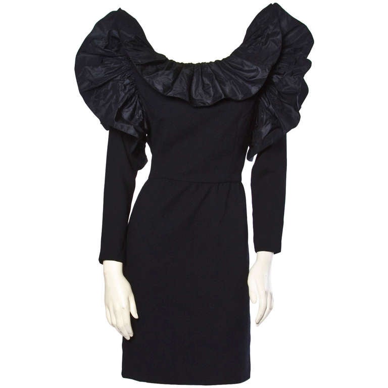 Vintage William Pearson 1980s 80s Black Wool Taffeta Avant Garde Ruffle Dress