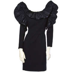 Vintage William Pearson 1980s 80s Black Wool Taffeta Avant Garde Ruffle Dress