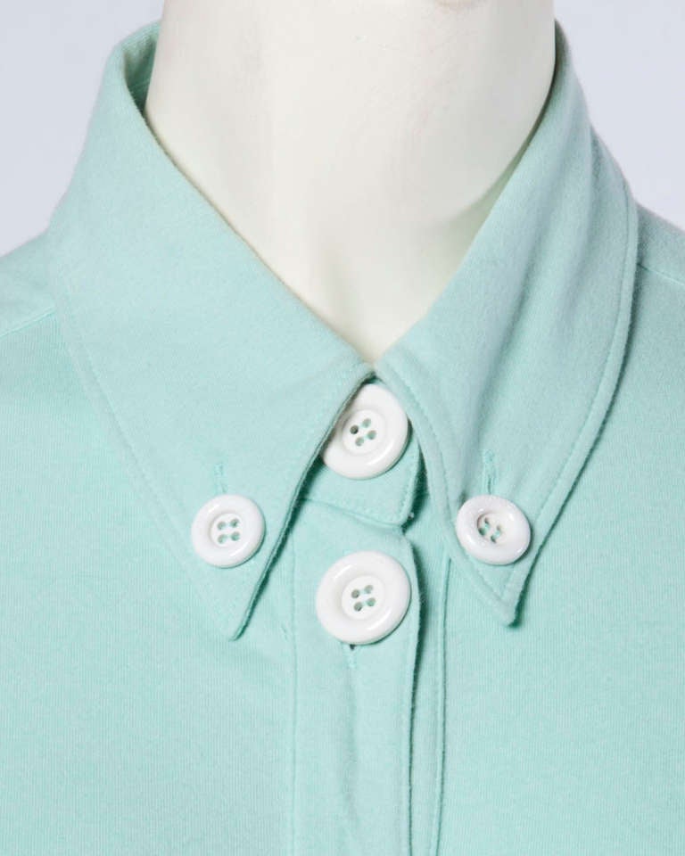 Blue Moschino Mint Green Jersey Knit Button Up Shirt Dress For Sale