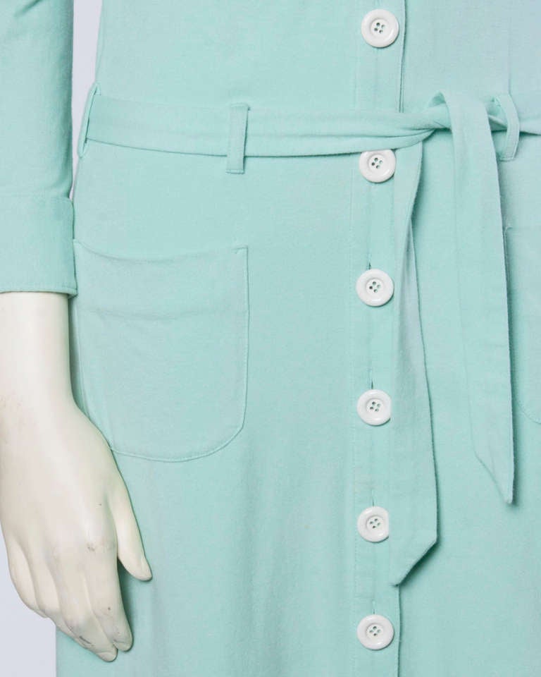 Moschino Mint Green Jersey Knit Button Up Shirt Dress In Excellent Condition For Sale In Sparks, NV