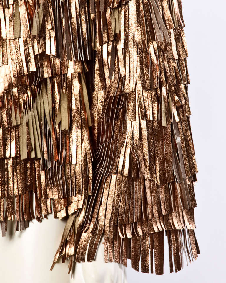 Vintage 1980s 80s Metallic Rose Gold Leather Fringe 2-Piece Jacket + Skirt Set In Excellent Condition In Sparks, NV