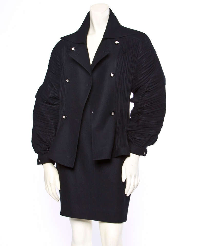 Bernard Perris Vintage 1990s 90s Black Wool Avant Garde Jacket Skirt 2-Pc Set In Excellent Condition In Sparks, NV