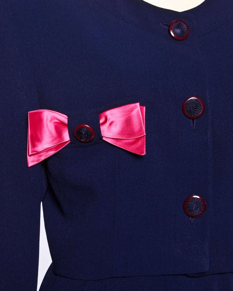 Valentino Vintage Navy Blue + Pink Cropped Jacket & Skirt Suit 2-Piece Set 3