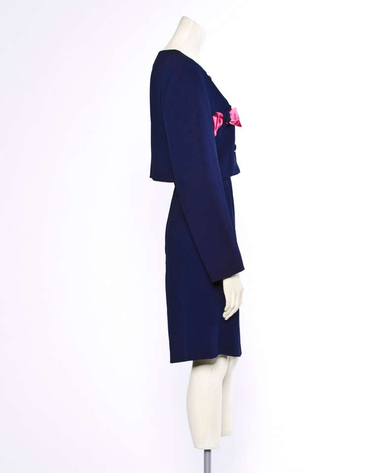 Valentino Vintage Navy Blue + Pink Cropped Jacket & Skirt Suit 2-Piece Set 1