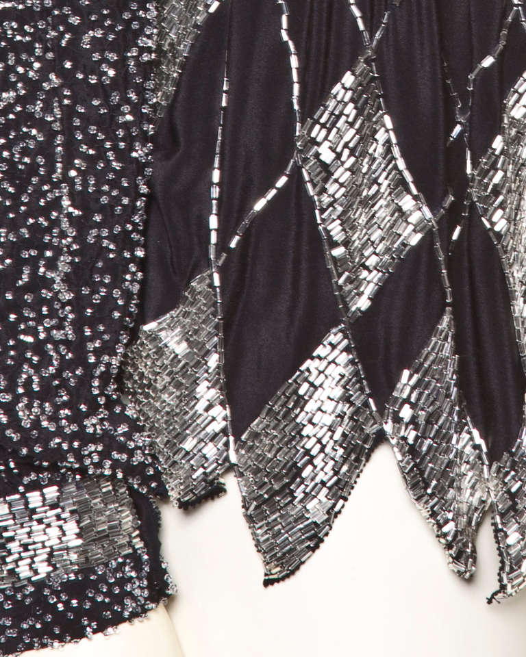 Vintage Amen Wardy 1980s 80s Black Silk Silver Beaded Plunging Jacket/ Top 1