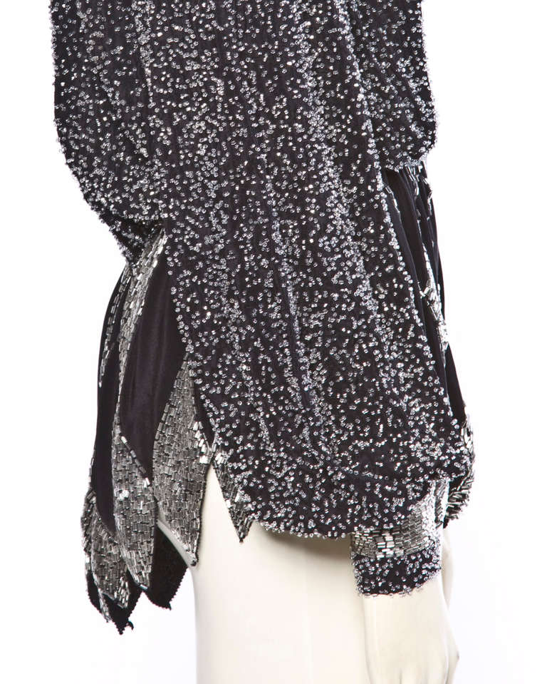 Women's Vintage Amen Wardy 1980s 80s Black Silk Silver Beaded Plunging Jacket/ Top