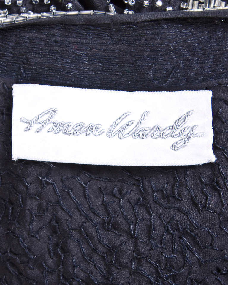 Vintage Amen Wardy 1980s 80s Black Silk Silver Beaded Plunging Jacket/ Top 2