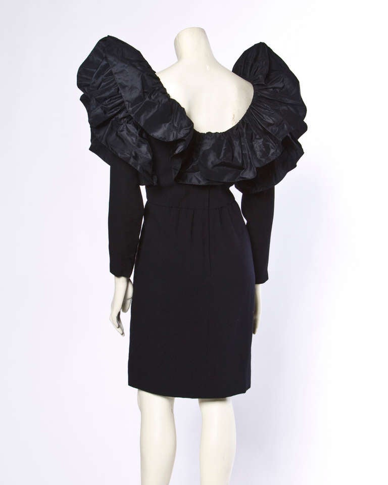 Vintage William Pearson 1980s 80s Black Wool Taffeta Avant Garde Ruffle Dress In Excellent Condition In Sparks, NV