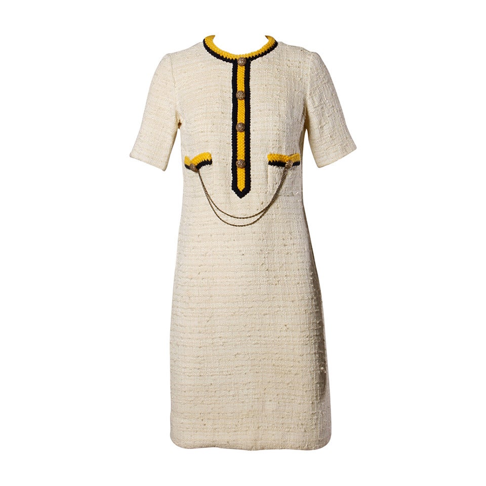 B. Altman Vintage 1960s 60s Military-Inspired Wool + Silk Boucle Shift Dress