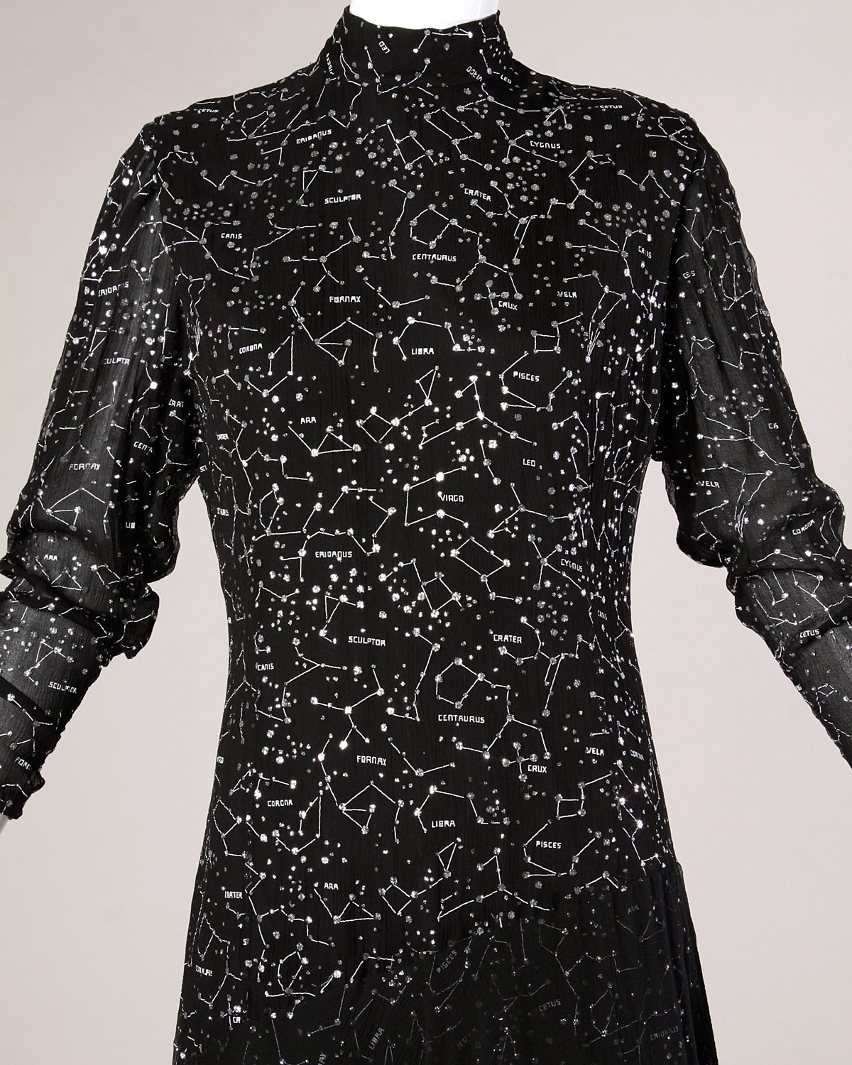 Libra, Pisces, Centaurus, Crater, Leo, Virgo, Cetus and Canis are just a few of the constellations labelled on this silk chiffon Hanae Mori formal gown. This dress is literally a map of the stars in glittery metallic silver. Asymmetric hemline and