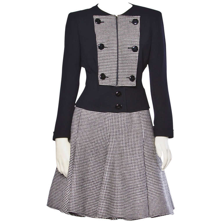 Valentino Vintage Houndstooth Cashmere Wool 2-Piece Set Skirt + Jacket Suit