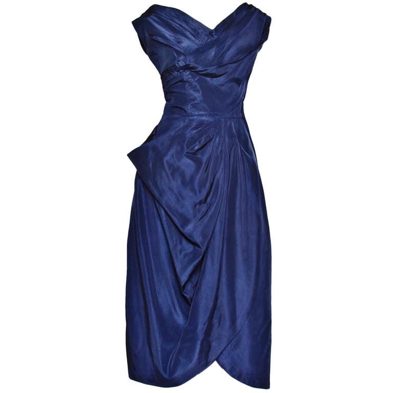 Vintage 1950s 50s Midnight Blue Asymmetric Draped Silk Party Cocktail Dress