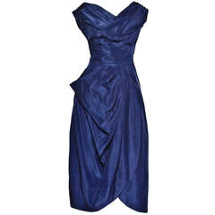 Retro 1950s 50s Midnight Blue Asymmetric Draped Silk Party Cocktail Dress