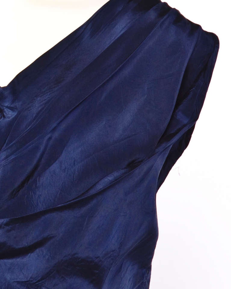 Vintage 1950s 50s Midnight Blue Asymmetric Draped Silk Party Cocktail Dress In Excellent Condition In Sparks, NV