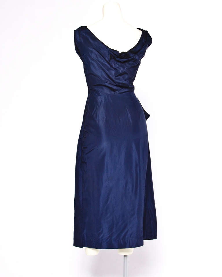 Purple Vintage 1950s 50s Midnight Blue Asymmetric Draped Silk Party Cocktail Dress
