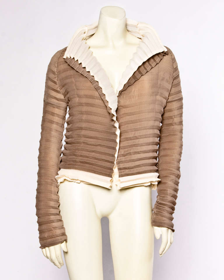 Issey Miyake Accordion Pleat Silk Taupe + Cream Avant Garde Jacket In Excellent Condition In Sparks, NV