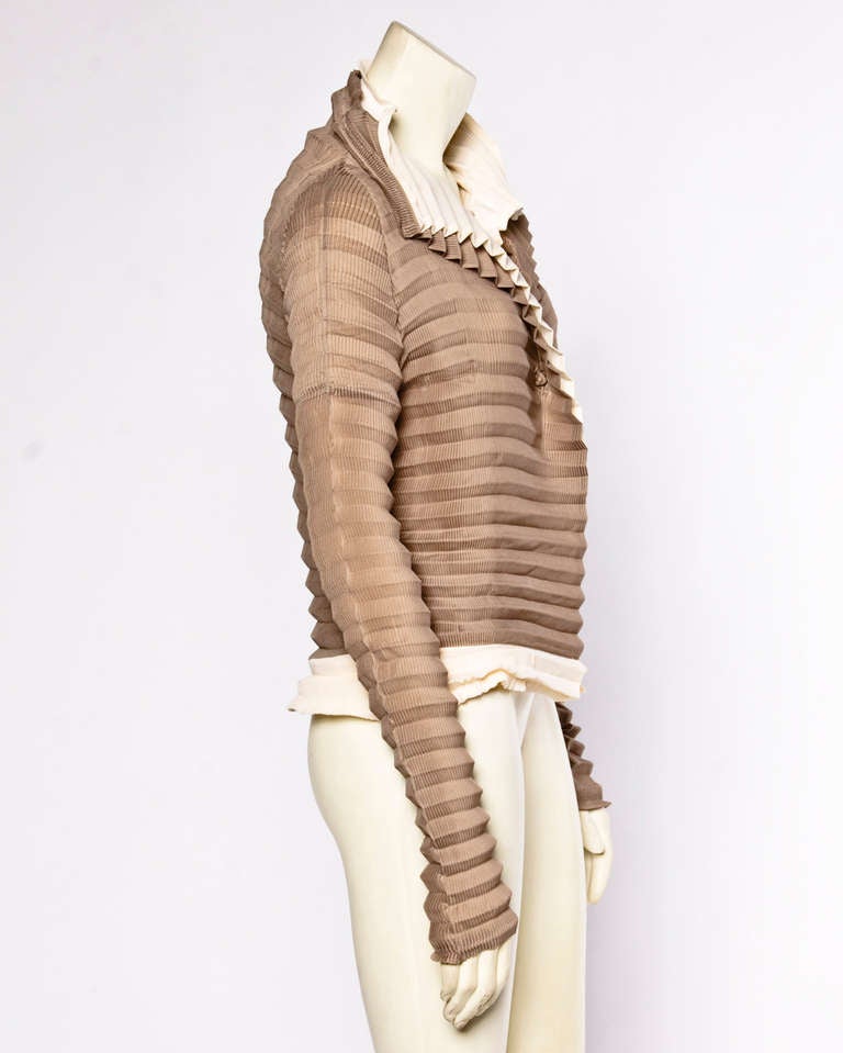 Issey Miyake Accordion Pleat Silk Taupe + Cream Avant Garde Jacket 1