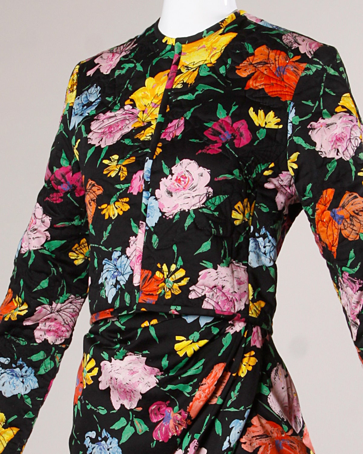 Emanuel Ungaro Vintage Floral Print Quilted Jacket + Skirt Suit Ensemble In Excellent Condition In Sparks, NV