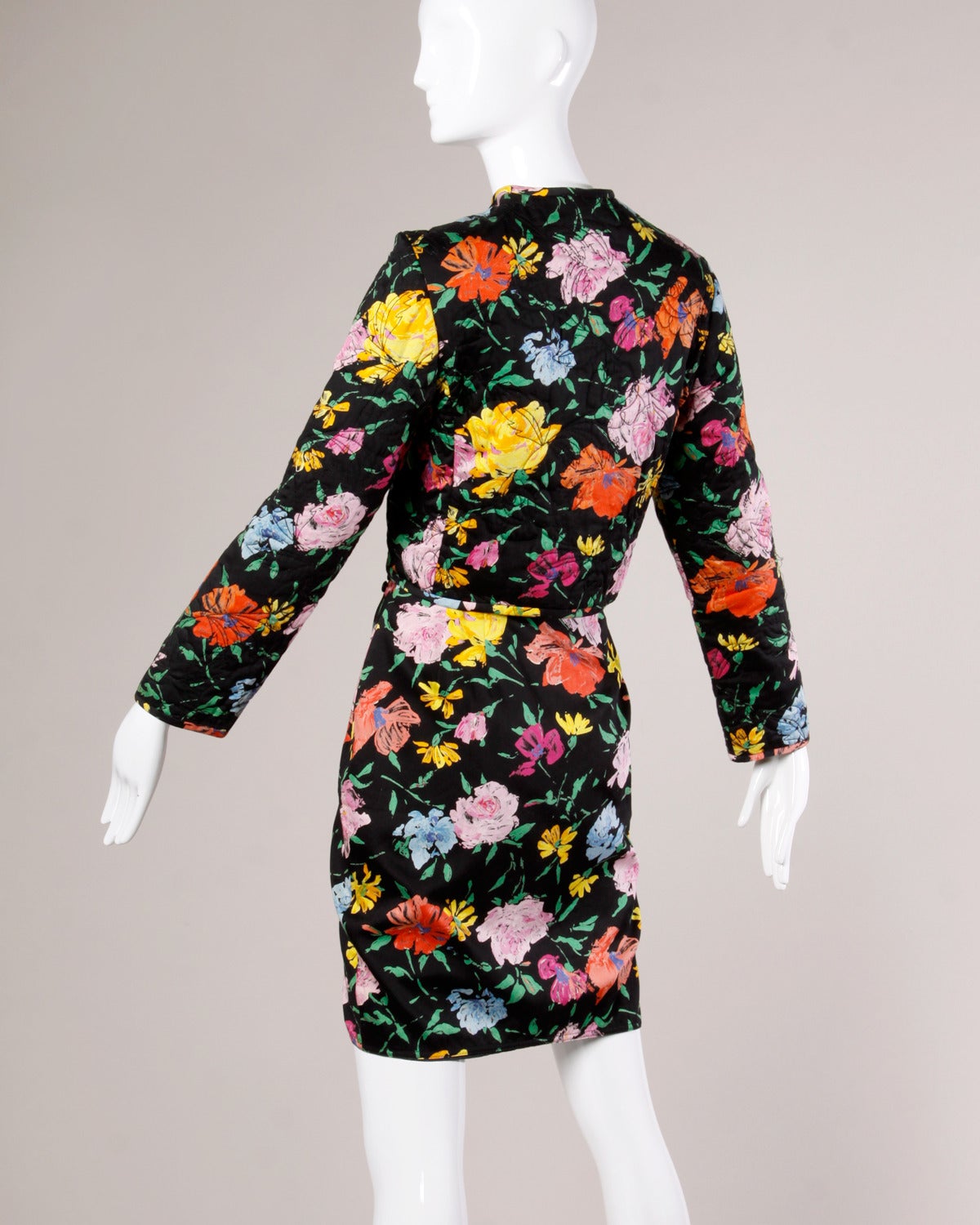 Black Emanuel Ungaro Vintage Floral Print Quilted Jacket + Skirt Suit Ensemble