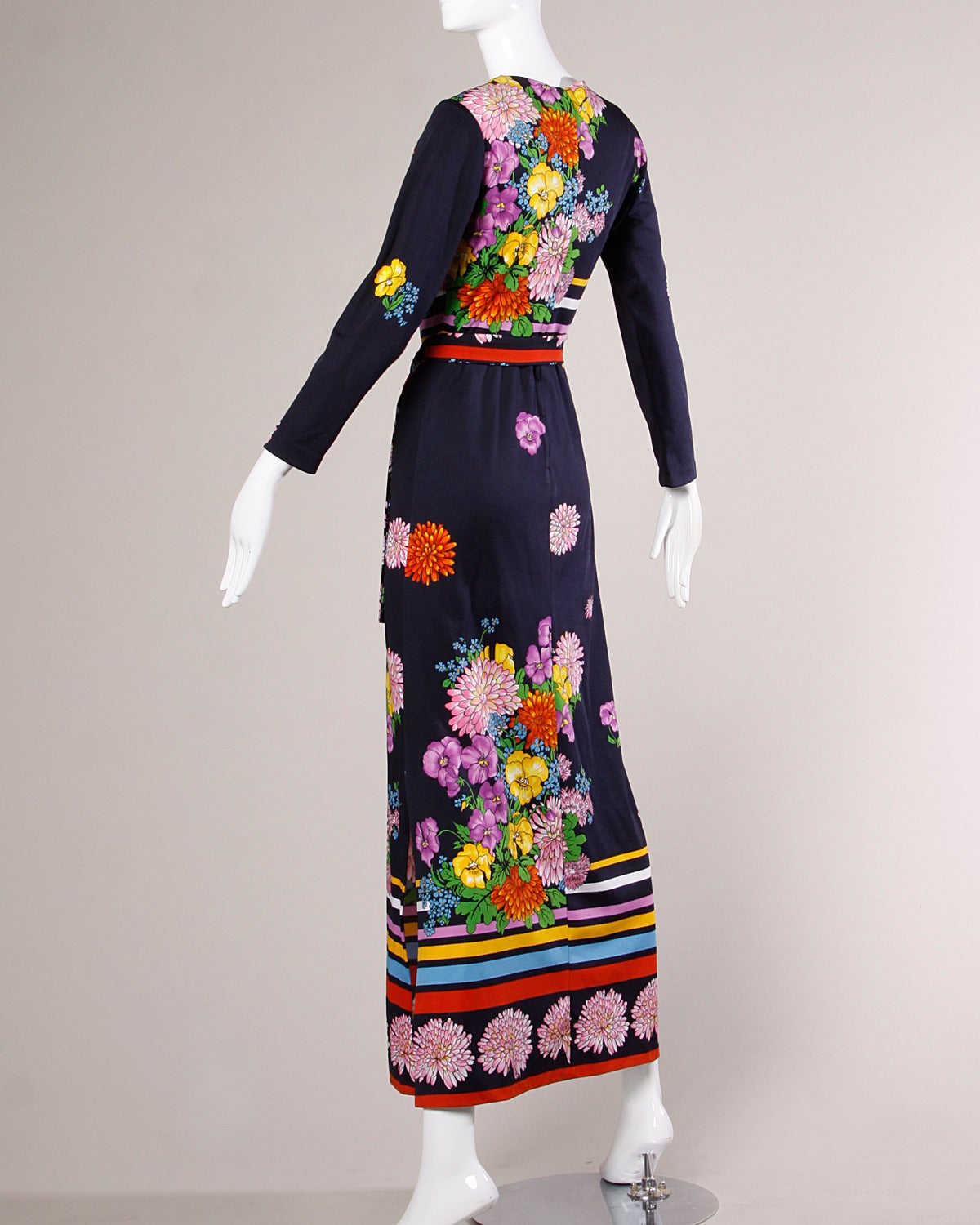 Signed Aremis Vintage 1970s Floral + Striped Print Maxi Dress 2